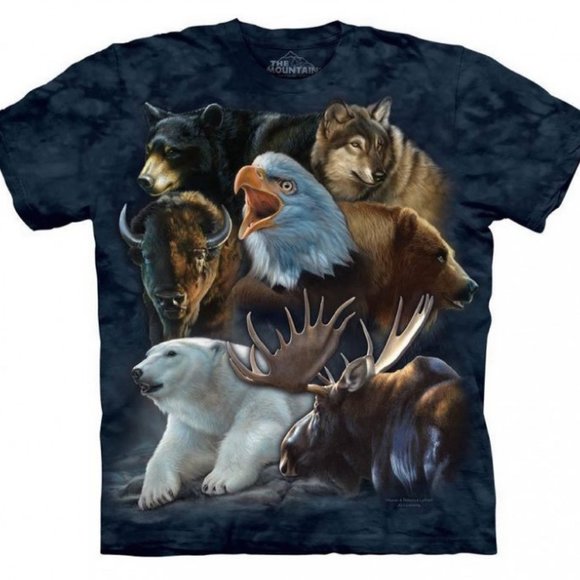 The Mountain Wild Alaskan Collage Eagle Bear Bison Wolf Blue Animal T-Shirt S-3X - Picture 2 of 4